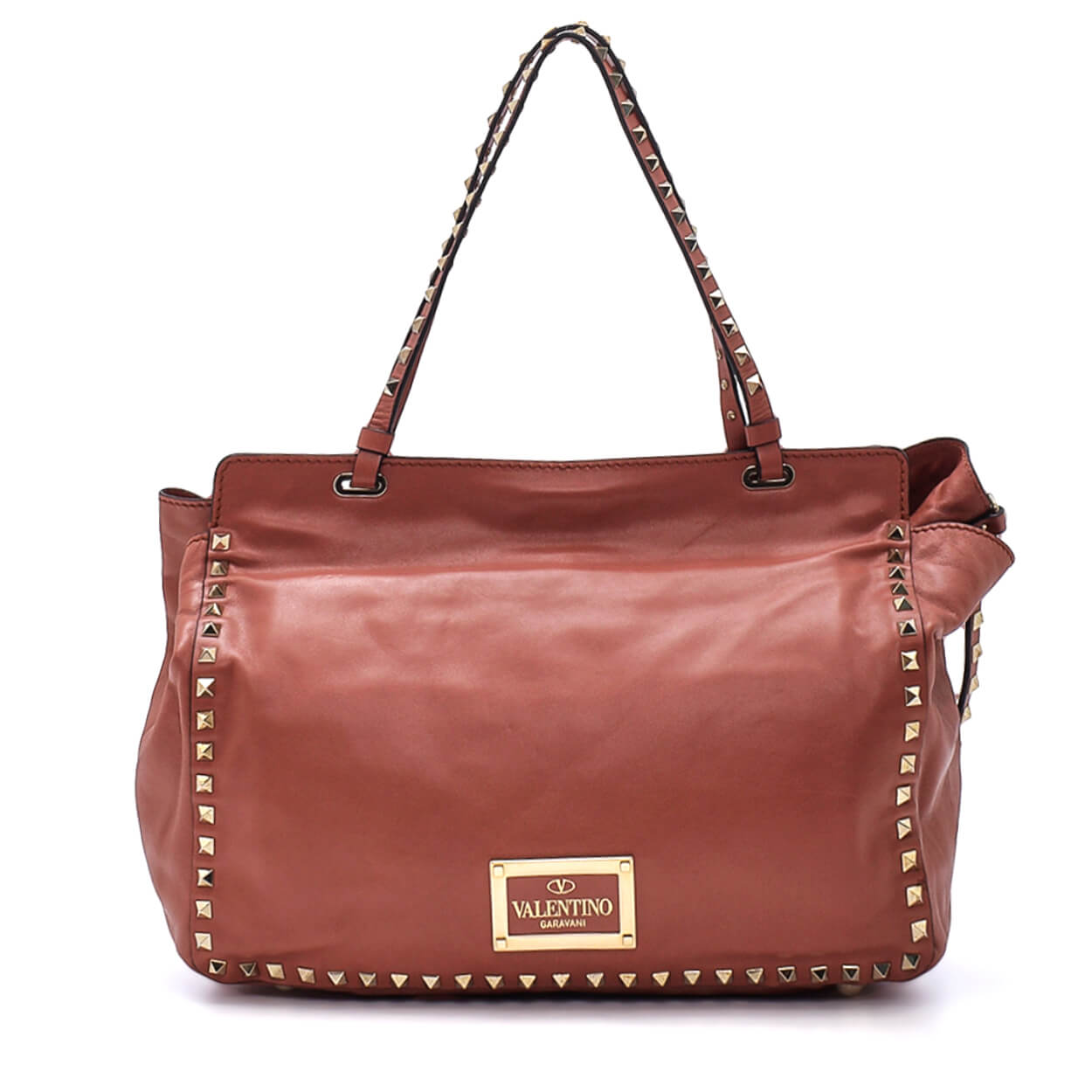 Valentino - Brown Leather Rockstud Trapeze Tote Bag